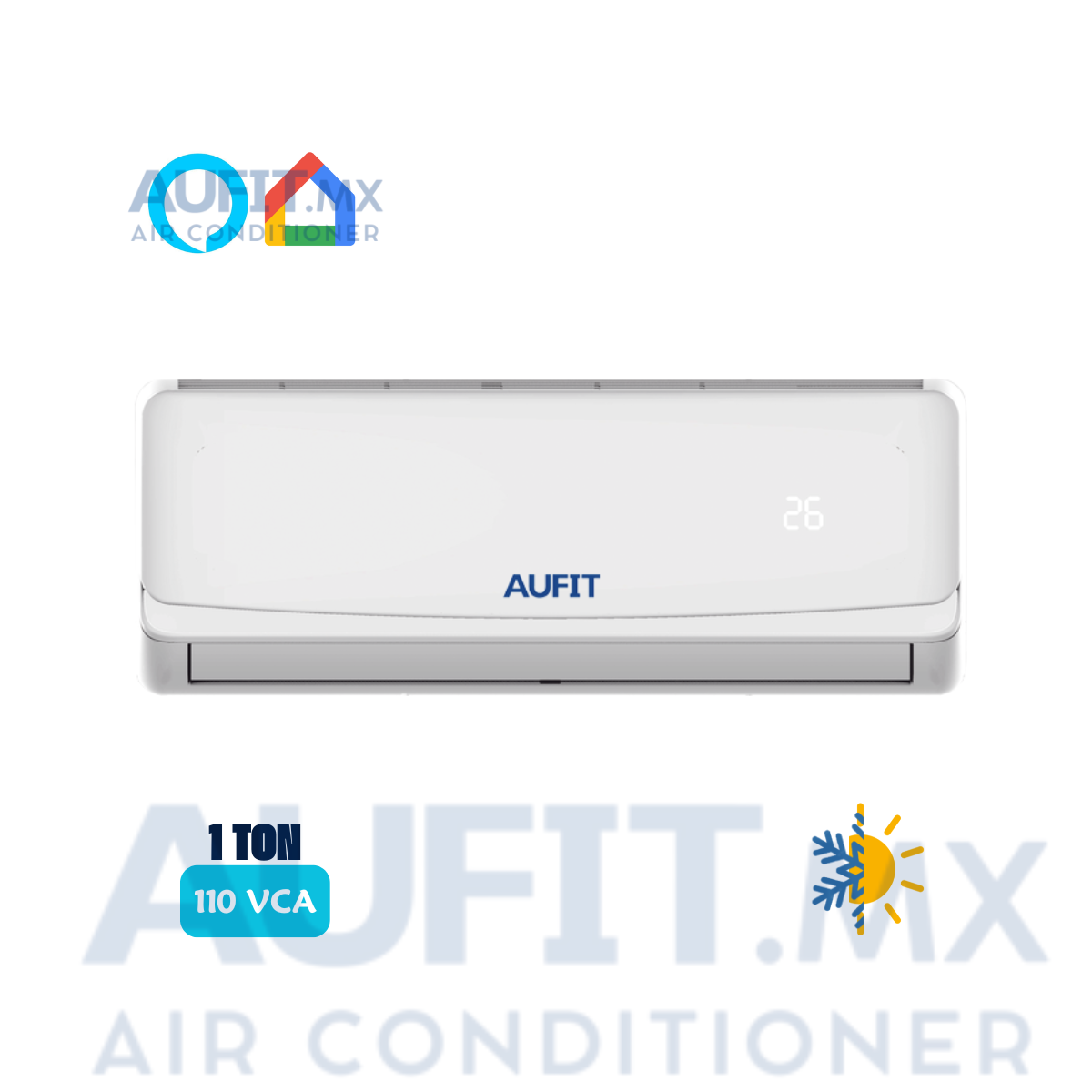 Aire acondicionado AUFIT de 110V, diseño compacto y moderno.