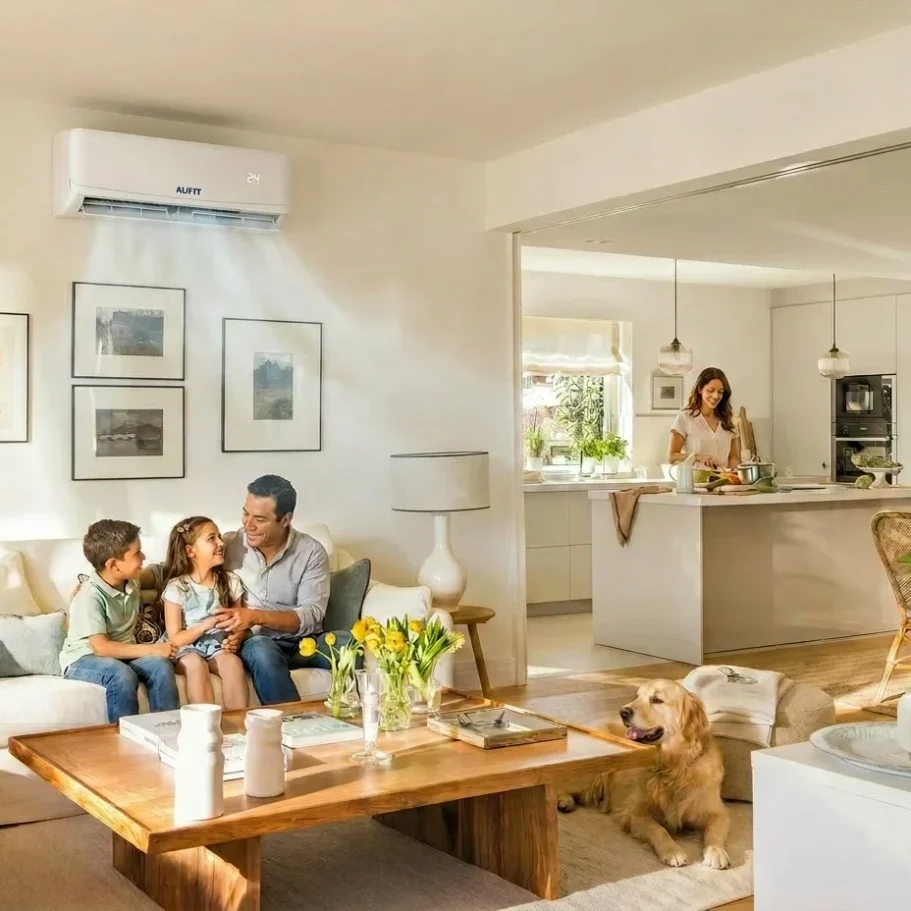 2.5 ton minisplit en sala grande frescos familia Familia sonriente en sala con aire acondicionado, cocina al fondo y perro en el suelo.