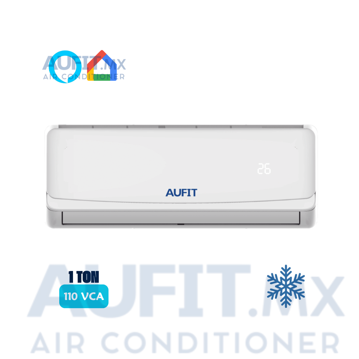 Aire acondicionado AUFIT de 110V, diseño compacto y moderno.